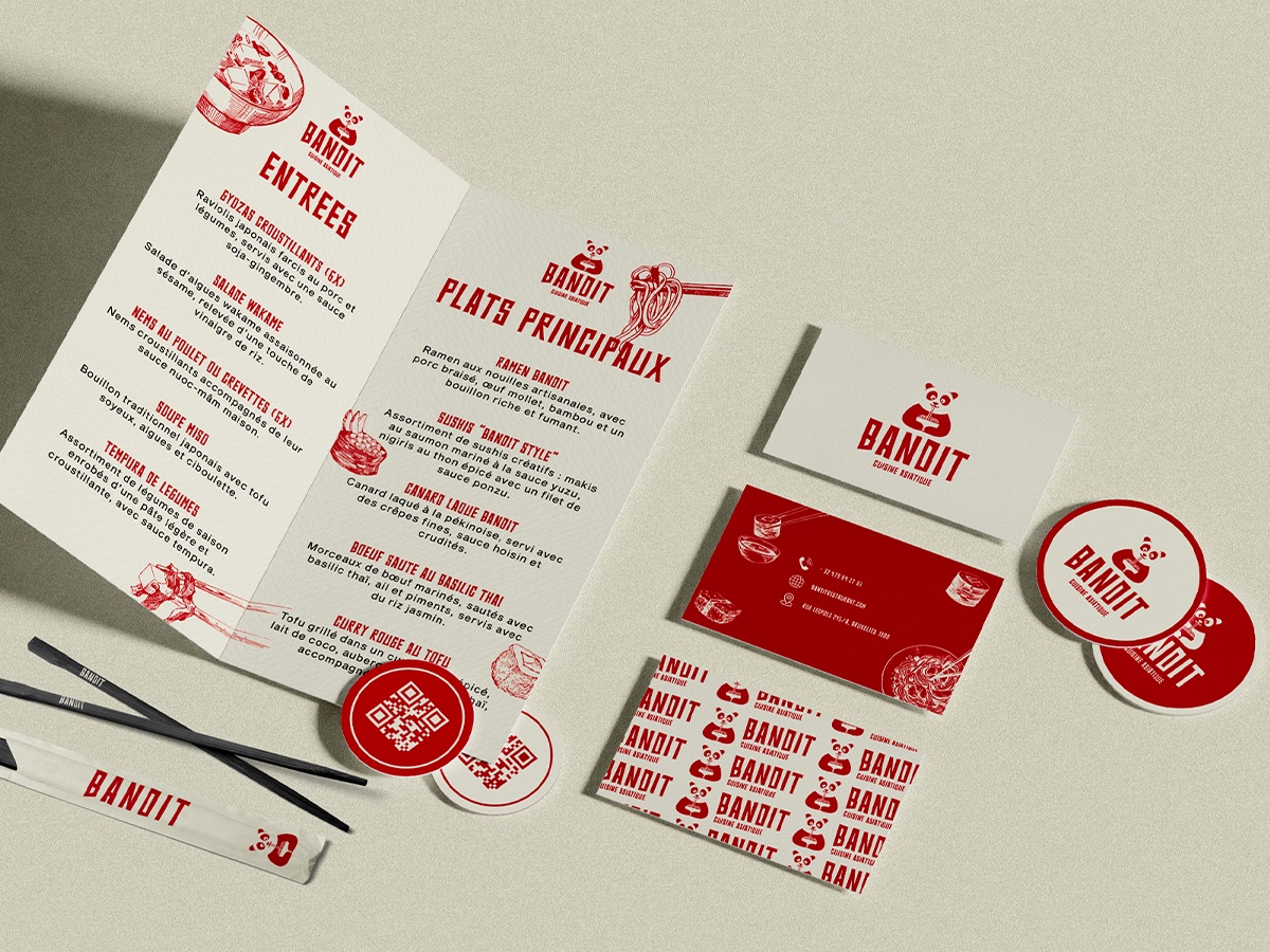 Système d'identité Bandit — menu, cartes, stickers