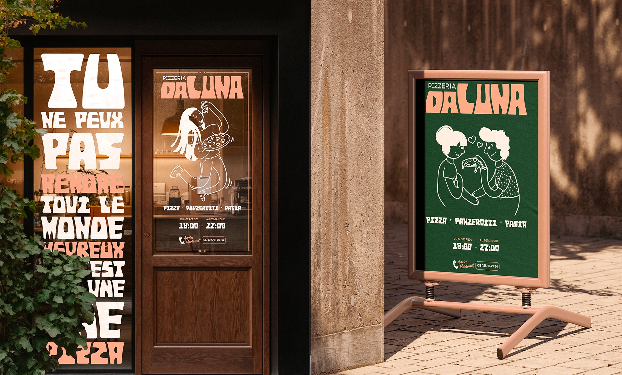 Devanture restaurant Da Luna — affichage chevalet et manifeste pizza