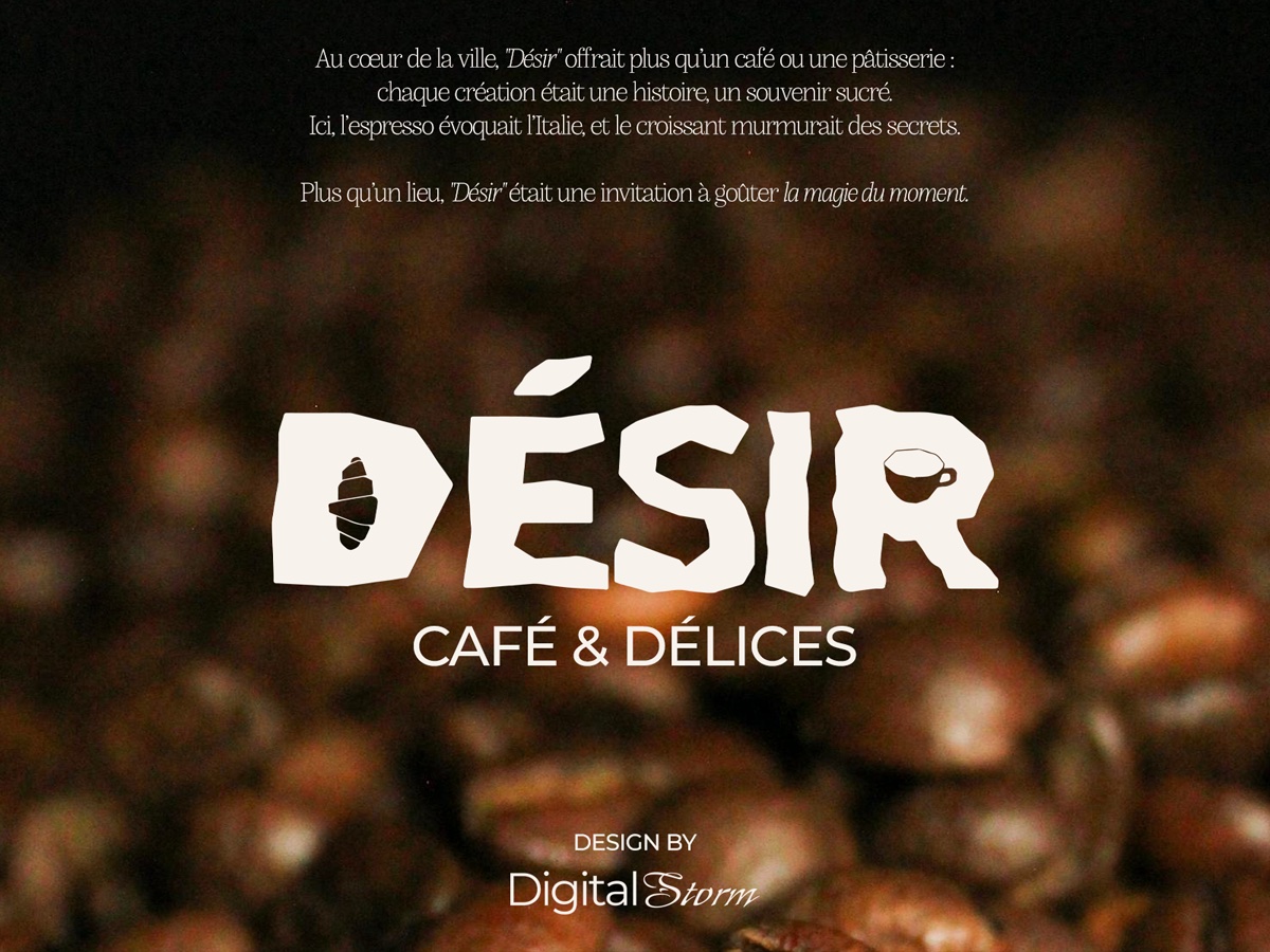 Désir — logo Café & Délices sur fond grains de café