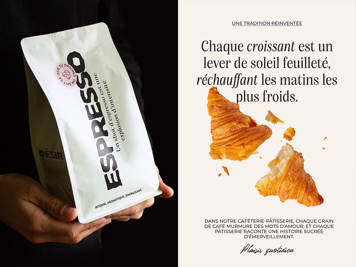 Désir — packaging espresso et composition pâtisserie